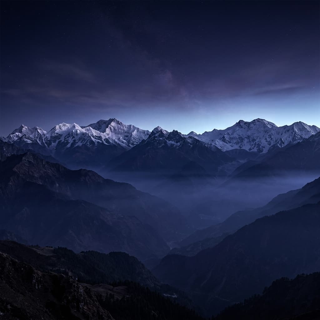 Mountain ranges beneath a star-filled Himalayan sky